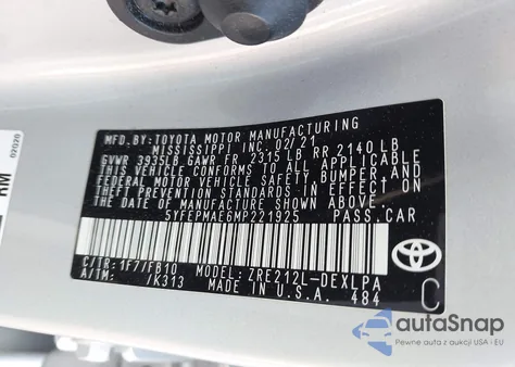 2021 Toyota Corolla Le from USA, damaged, VIN 5YFEPMAE6MP221925